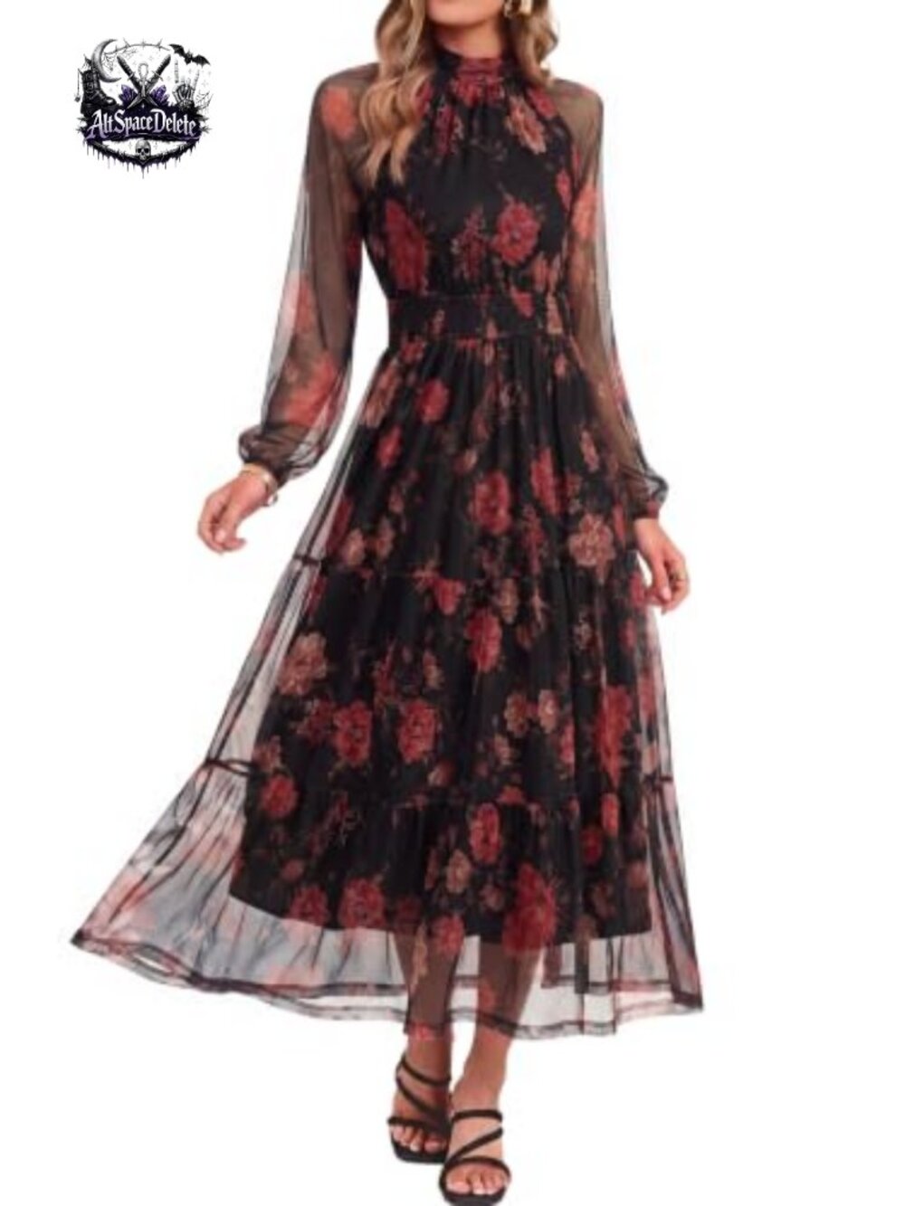 Women's Floral Maxi Dress Sheer Long Sleeve Mesh A-Line Wedding Guest